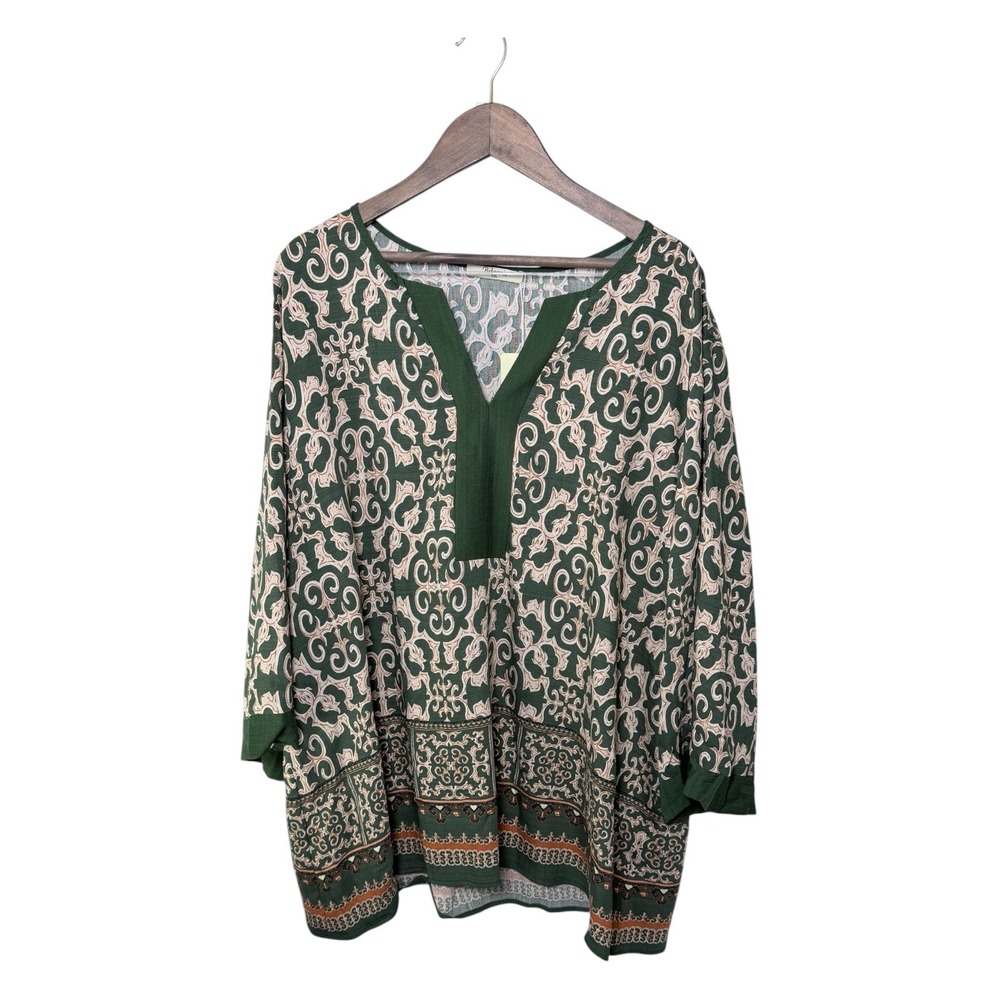 Bebonnie Tunic Top Women XXL Green Damask Print Split V-Neck 3/4 Sleeve Blouse